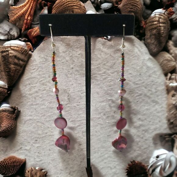 Hand Crafted Beaded Dangle Earrings Glass Beads Shell LONG 4" Dangle Purple Pink - Picture 1 of 16